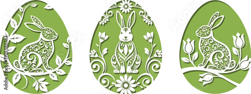 Elegant Green Easter Egg Designs with Intricate Bunny and Floral Patterns