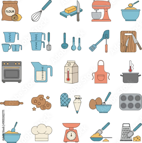 Colorful Baking Tools and Ingredients Collection for Home Cooking and Baking Recipes