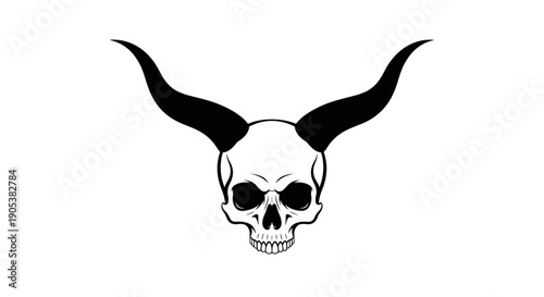 Stylized Skull with Large Curved Horns Illustration.