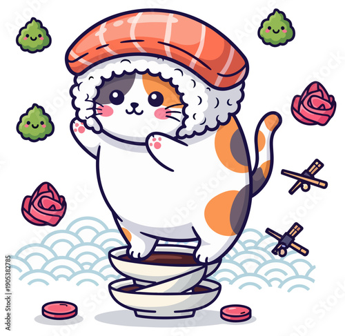 Adorable cartoon cat mascot wearing salmon nigiri sushi hat standing on bowls
