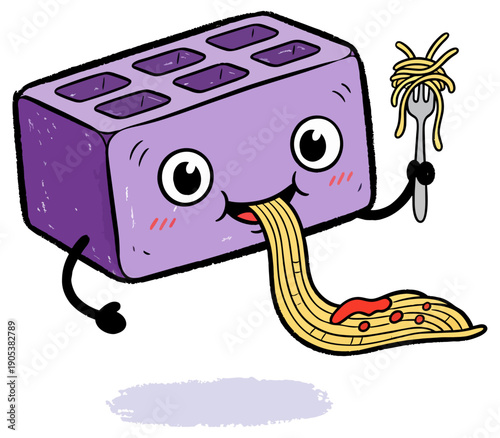 Cute happy purple cinder block monster cartoon eating spaghetti pasta