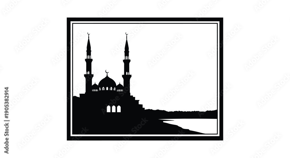 Obraz premium Mosque Silhouette with Minarets and Dome against White Background