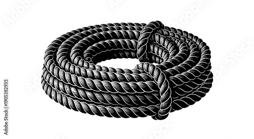 Thick Black Rope Coiled Neatly Isolated on White Background.