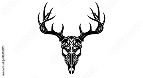 Tribal Deer Skull with Intricate Antlers and Ornate Face.