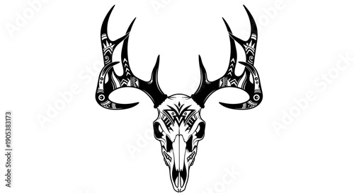 Tribal Deer Skull With Intricate Antlers Vector Art.