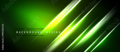 Dark green backdrop features bright neon lines. Diagonal streaks create dynamic visual effect. Text reads background design. Modern, vibrant presentation.