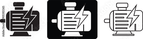 Power Motor Icon Collection: A set of stylized icons depicting an electric motor, with a lightning bolt, symbolizing power and energy, rendered in various designs and monochrome colors.