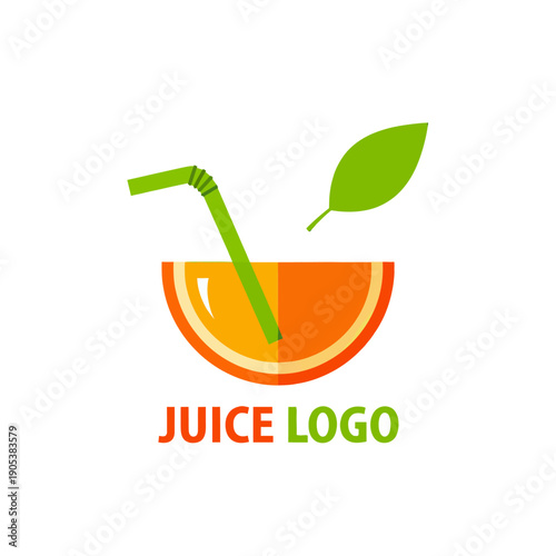 A vibrant orange slice with a green straw and leaf, representing a fresh juice logo.
