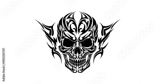 Tribal Skull Tattoo Design with Fiery Wings.