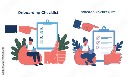 Onboarding checklist illustration with people hands and checkmarks indicating progress