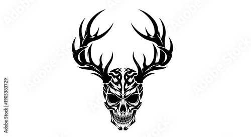 Tribal Skull with Antlers Black and White Design.