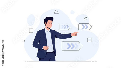 Businessman pointing at directional arrows, decision making, strategy, planning, business concept
