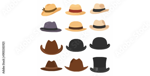 Cartoon hat variety flat vector illustration set male and female fashion