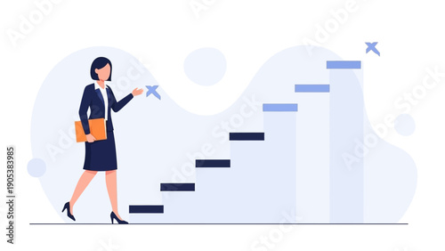 Businesswoman climbing stairs, career growth, success, goal achievement, strategy, progress