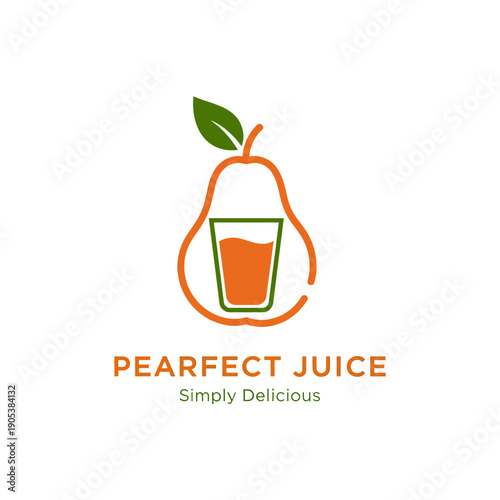 A minimalist logo for Pearfect Juice featuring an orange pear outline with a green leaf, enclosing a glass of orange juice, on a white background.