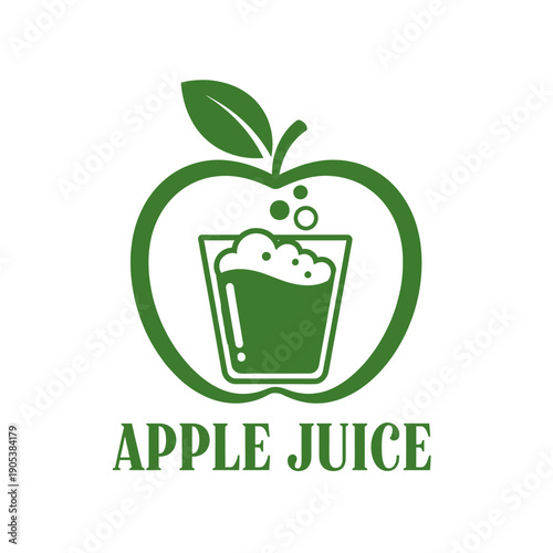 Green apple outline logo with a glass of frothy apple juice inside, featuring the text 'APPLE JUICE' below, on a white background.