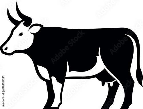 Cow silhouette vector illustration, dairy cattle farm animal icon, livestock symbol isolated, agricultural design element, black and white bovine graphic