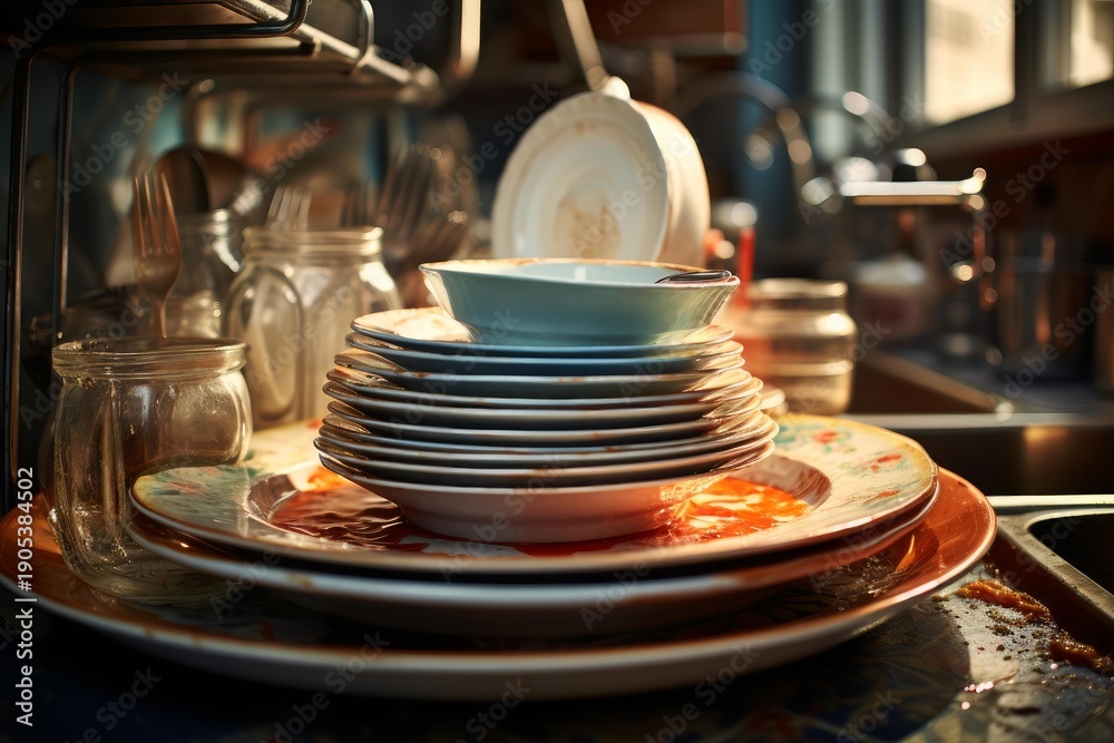 Fototapeta premium Dirty dishes with food scraps are stacked high next to the kitchen sink, creating a mess