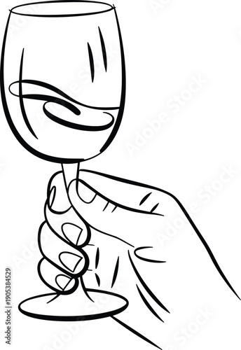 Hand drawn black and white vector illustration of hand holding wine glass for toast or celebration party isolated on white background design element
