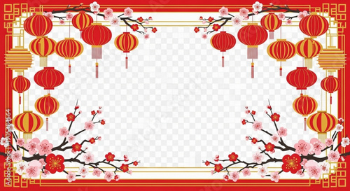 Festive Chinese Lunar New Year Frame with Traditional Red Lanterns and Plum Blossoms