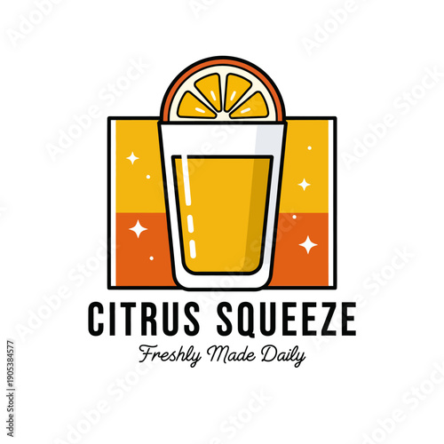 A vibrant logo for 'Citrus Squeeze' featuring a glass of orange juice topped with an orange slice, set against a backdrop of orange and yellow.