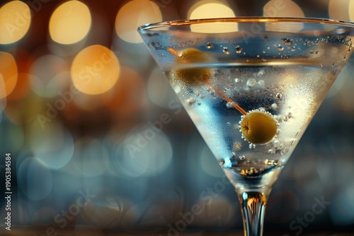 Macro shot of classic martini glass with olive garnish