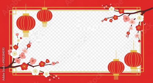 Chinese New Year Frame with Lanterns and Plum Blossoms