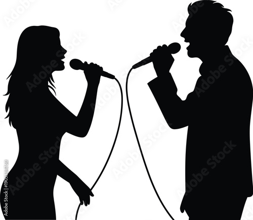 Male and female singer silhouettes duet, live vocal performance with microphones, music concert concept, black isolated flat vector illustration design
