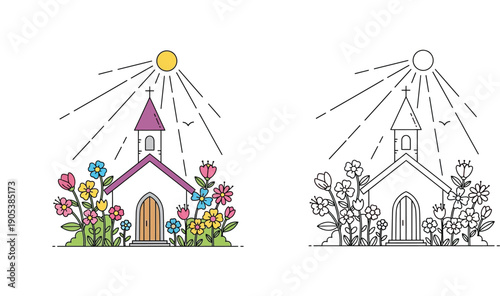 Vector illustration of a small country church or chapel surrounded by spring flowers and sunshine, presented in both flat color and black and white outline for coloring book page.