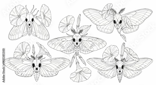 Collection of detailed line drawings of moths and butterflies with intricate wing patterns suitable for educational and creative projects