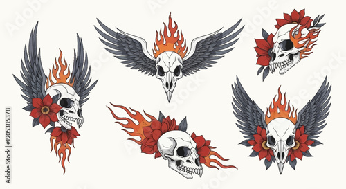 Collection of tattoo style skulls with flames and wings design elements for body art or graphic projects