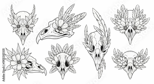 Set of decorative floral and bird tattoos featuring intricate line art design suitable for body art and creative projects