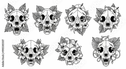 Set of eight detailed skull illustrations with floral and decorative elements for tattoo design and artistic projects