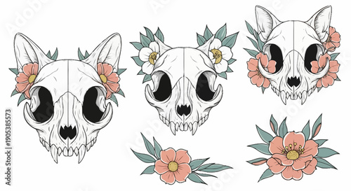 Set of three decorative skull masks with floral and leafy accents for themed events or artistic display designs