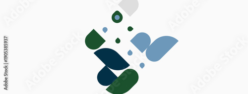 Abstract shapes, varying sizes, muted colors. Composition suggests movement, organic forms, simple design. Clean background provides contrast.