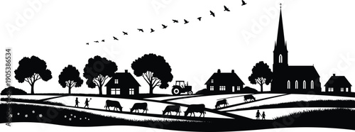 Rural village landscape silhouette with farm houses church steeple tractor grazing cows and birds flying over fields on white background for agriculture concept