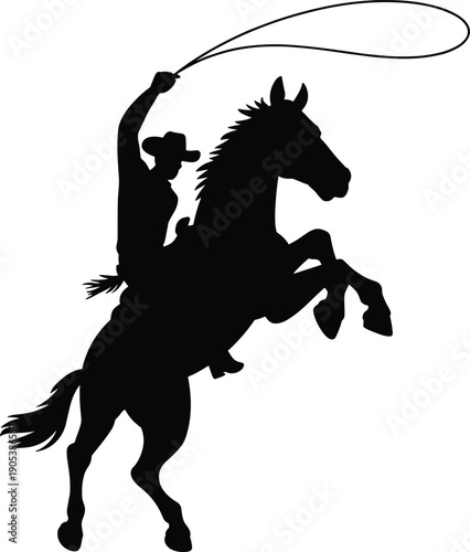 Cowboy horse silhouette vector, western lasso rider illustration, rodeo ranch action scene, wild west equestrian concept isolated white background design