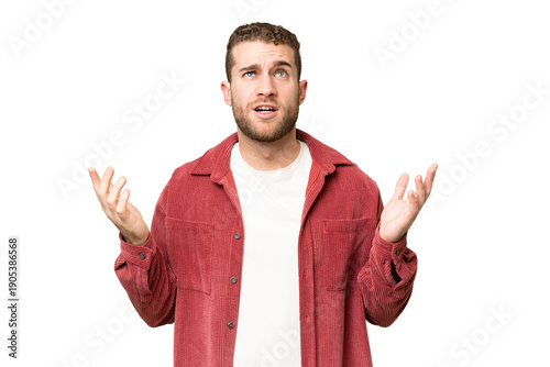 Foto Young handsome blonde man over isolated chroma key background stressed overwhelm