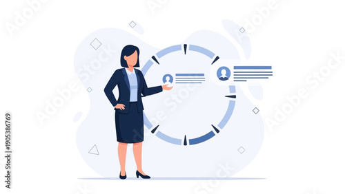 Businesswoman presents project timeline with circular progress chart and avatars