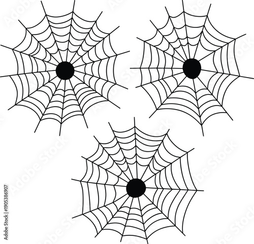 Set of three black spider web icons with central hubs isolated on white background for spooky Halloween decorations, creepy insect silk patterns, and graphic design elements