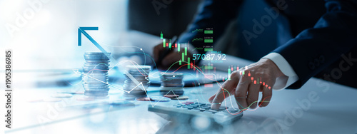 Business finance and investment concept, Stock, Banking, Accounting, Businessman calculating and analyzing financial data report with business graph growth chart and world economic.