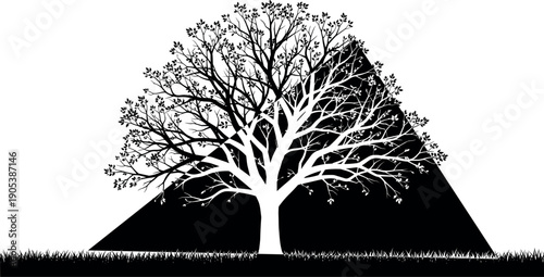 Minimalist black and white tree silhouette with geometric pyramid shadow, abstract nature landscape illustration symbolizing balance, growth, symmetry and harmony