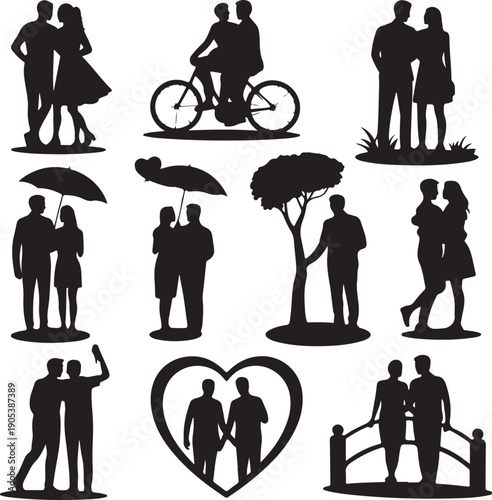 black silhouettes of couples in various romantic poses and activities
