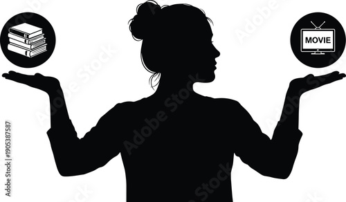 Silhouette of a woman weighing options between reading books and watching movies, illustrating the concept of choosing between literature and cinema for entertainment.
