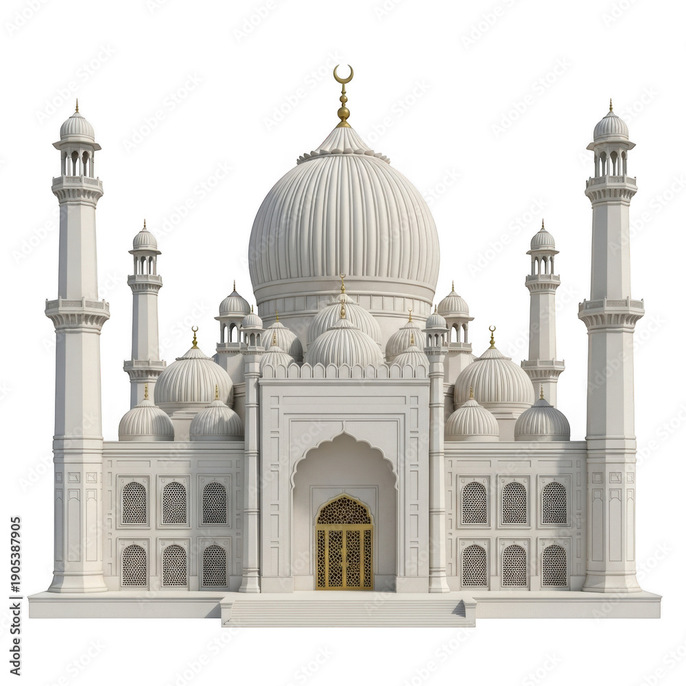 Fototapeta premium Intricate white mosque model with detailed architectural features and golden accents