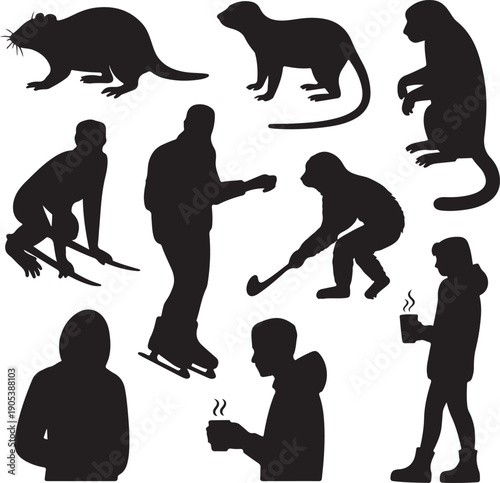 black silhouettes of people and animals on white background