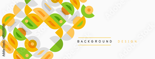 Abstract geometric shapes overlap, creating vibrant background. Colors include orange, green, gray, beige. Minimalist design feels modern, clean.