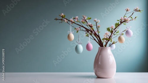 Elegant easter eggs hanging on blooming branches in a vase on light surface