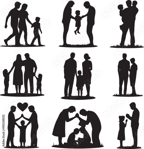 black silhouettes of people and family members in various poses