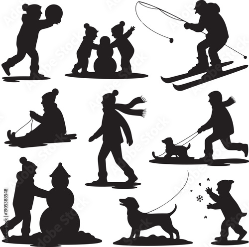 black silhouettes of people and dog playing in snow